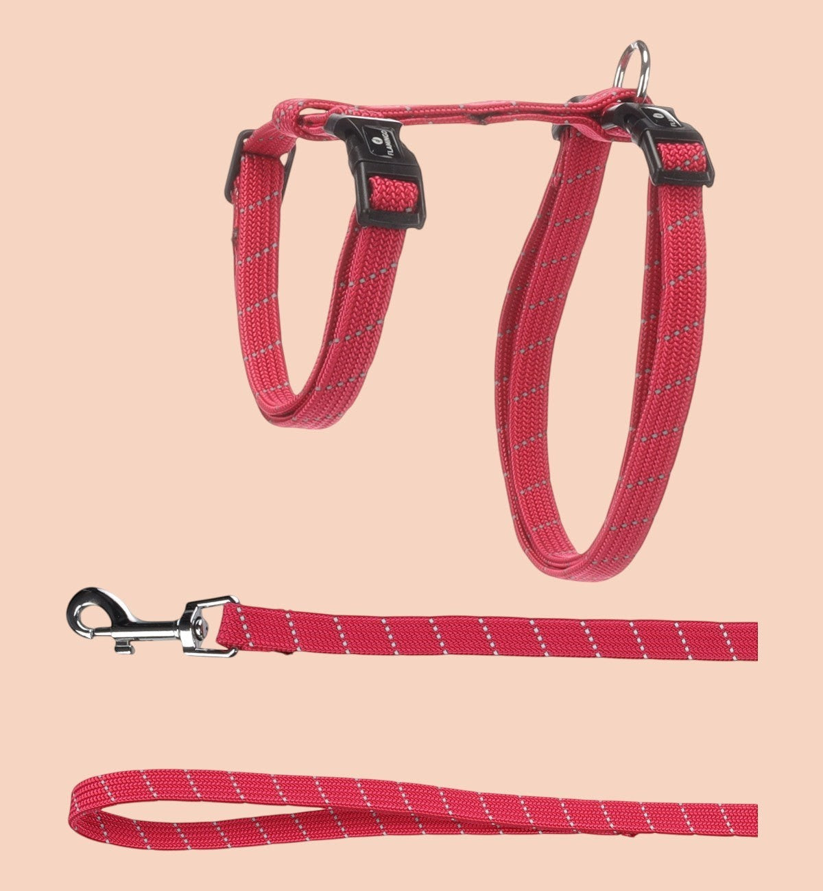 Ensemble laisse et harnais Animozen Elza rouge corail en nylon avec détails réfléchissants et fermoirs à clic.