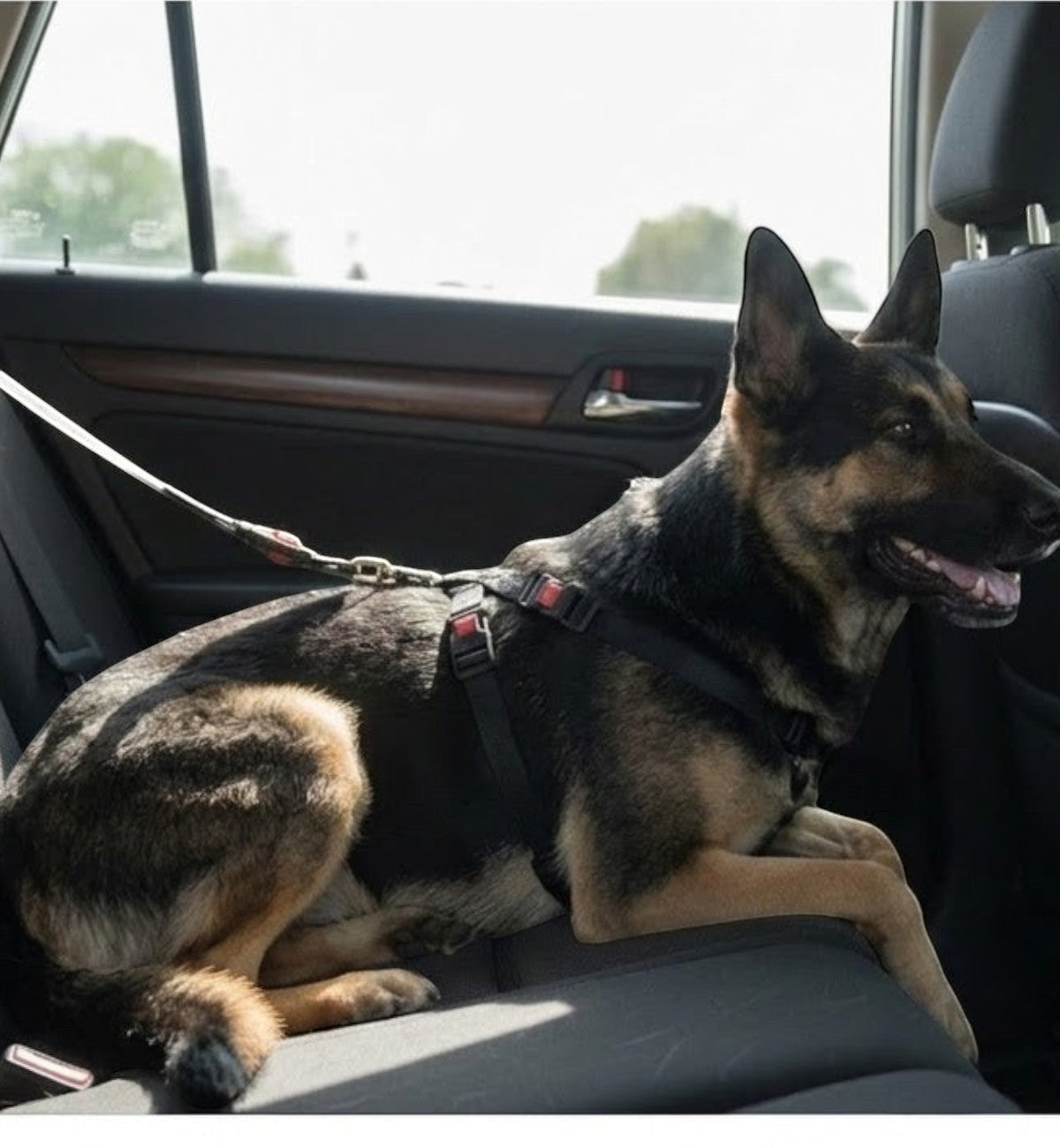 Animozen Duma noir harnais de sécurité pour chien en nylon, fixé à la ceinture de sécurité dans une voiture.