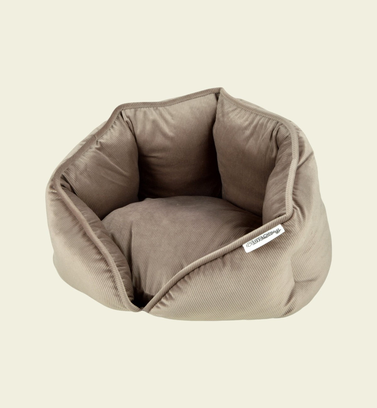Animozen Crafty hazelnut corduroy round pet bed, 40cm diameter, with non-slip base.