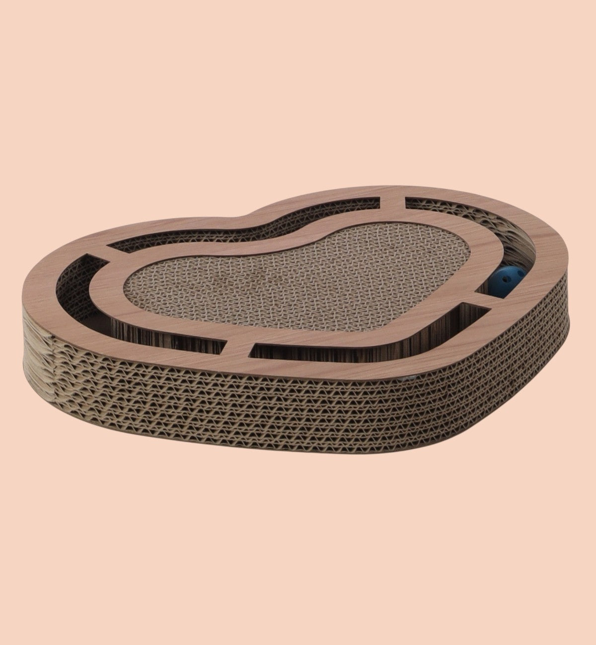 Animozen heart-shaped cardboard cat scratcher with a blue ball and textured scratching surface.