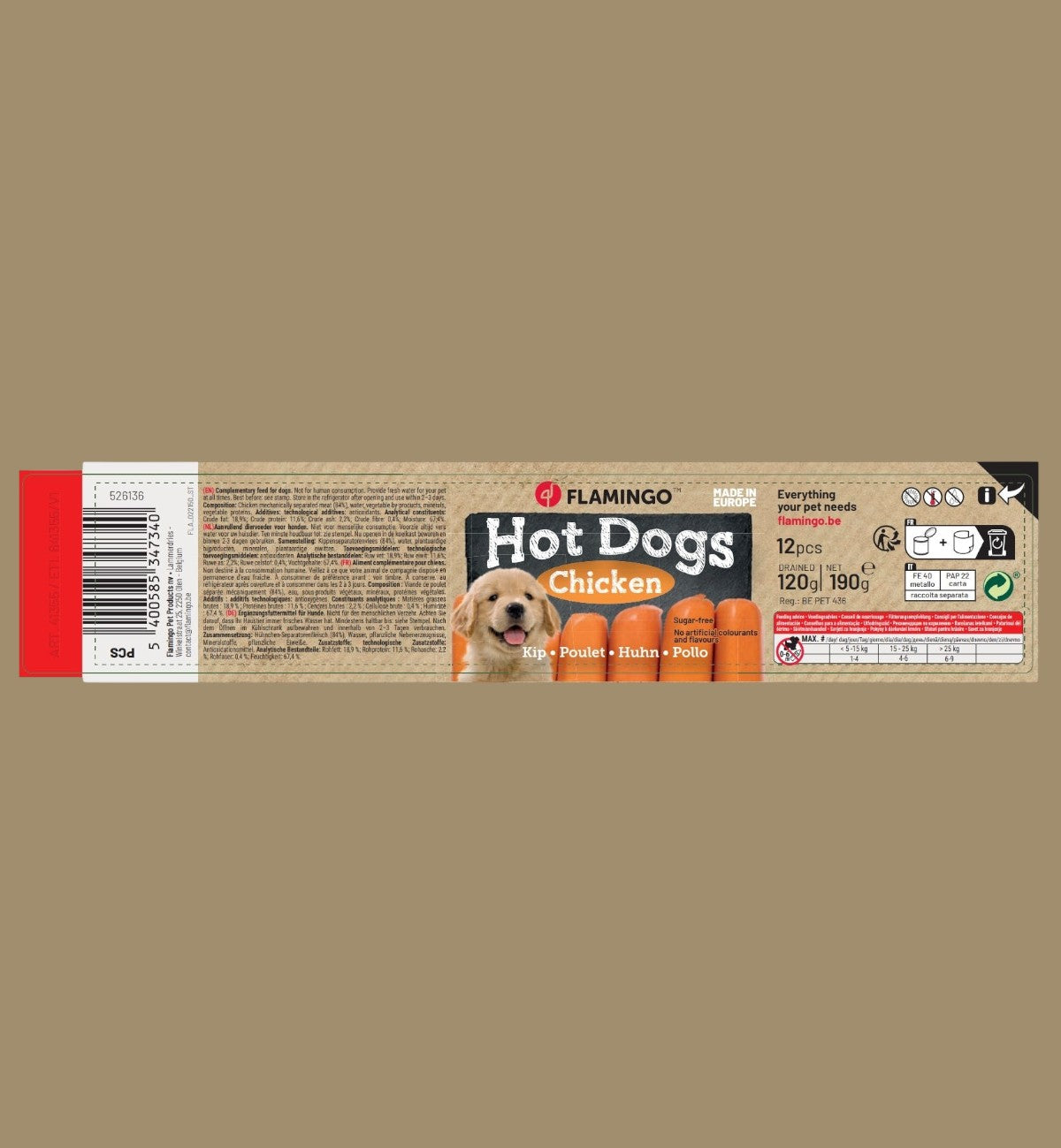Animozen Hot Dogs poulet pour chien, mini saucisses tendres et savoureuses, sans sucre ajouté ni colorants.