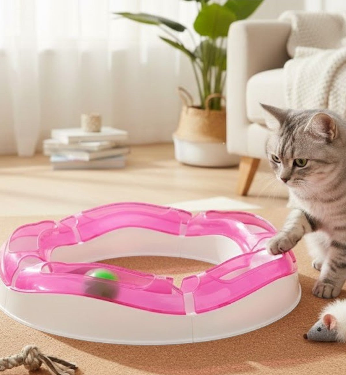 Jeu tunnel interactif Animozen rose et blanc pour chat avec balle intégrée et fond antidérapant.