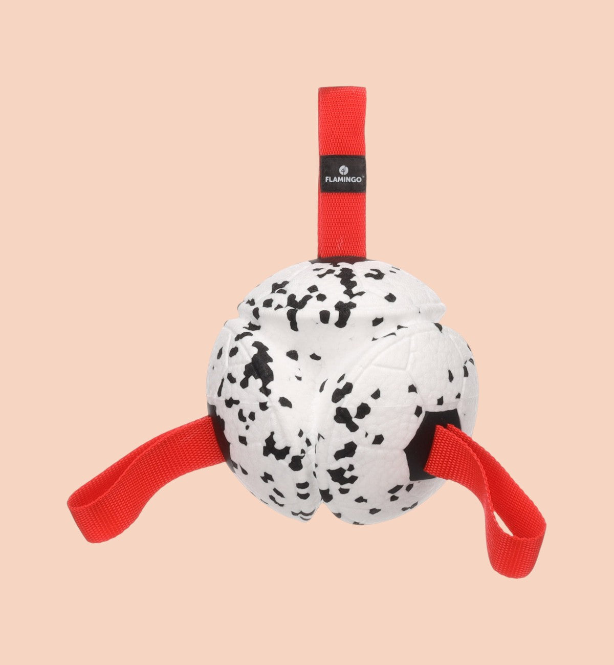Animozen Jouet Ballon Flottant pour chien blanc et noir en E-TPU avec 4 poignées rouges pour jeux aquatiques.
