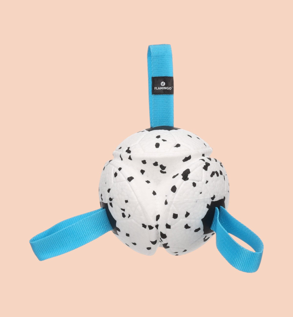 Animozen Jouet Ballon Flottant pour chien, balle blanche à pois noirs avec 4 poignées bleues en E-TPU, pour jeux aquatiques et de traction.