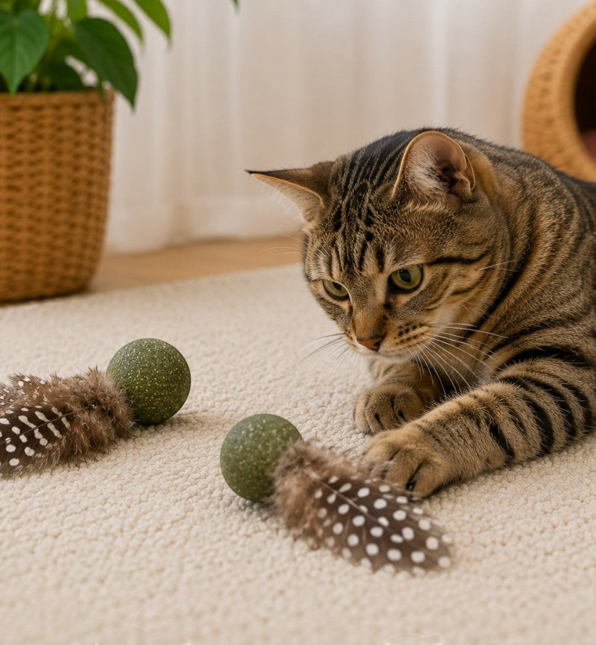 Animozen Jouets pour chat Katti balle de cataire avec plumes, verte, avec plumes pour stimuler le jeu.