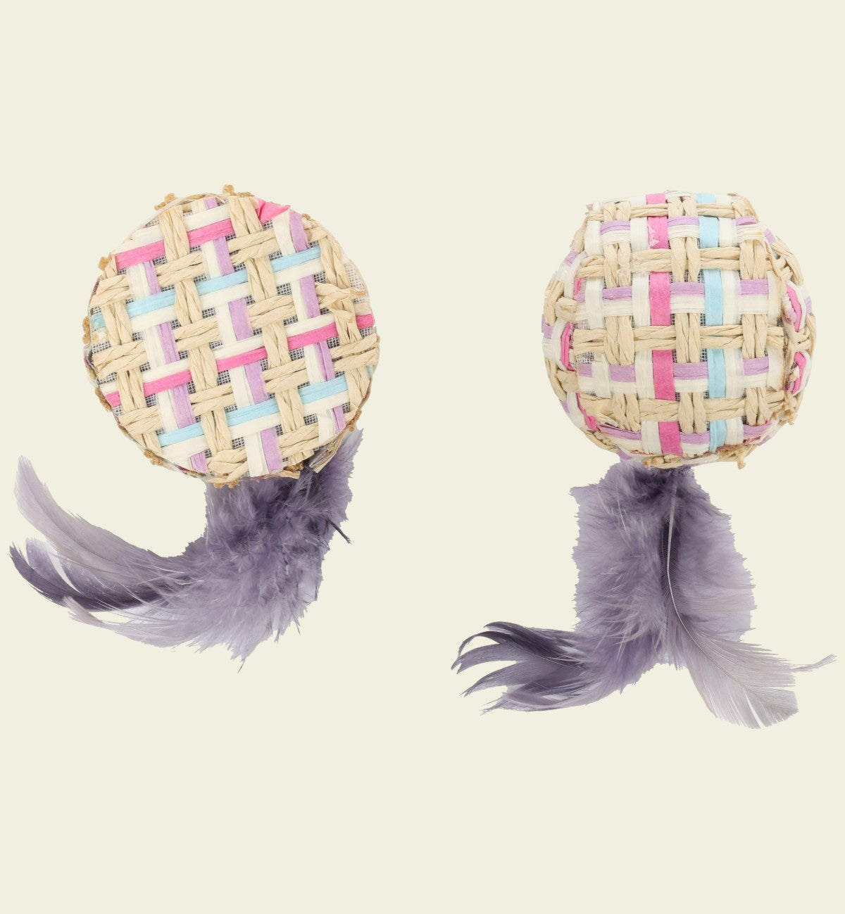 Jouet pour chat Animozen Texa Balle & Disque en textile tressé pourpre, bleu, beige, rose avec plumes et grelot.