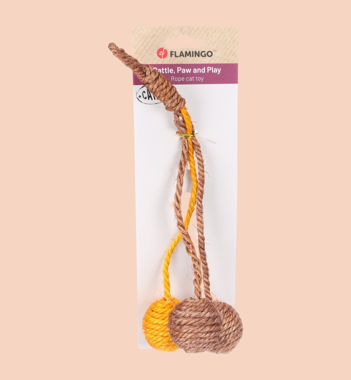 Animozen Jouet Justo Balle Interactive pour Chat, corde en sisal brun et jaune, avec cliquetis et cataire.