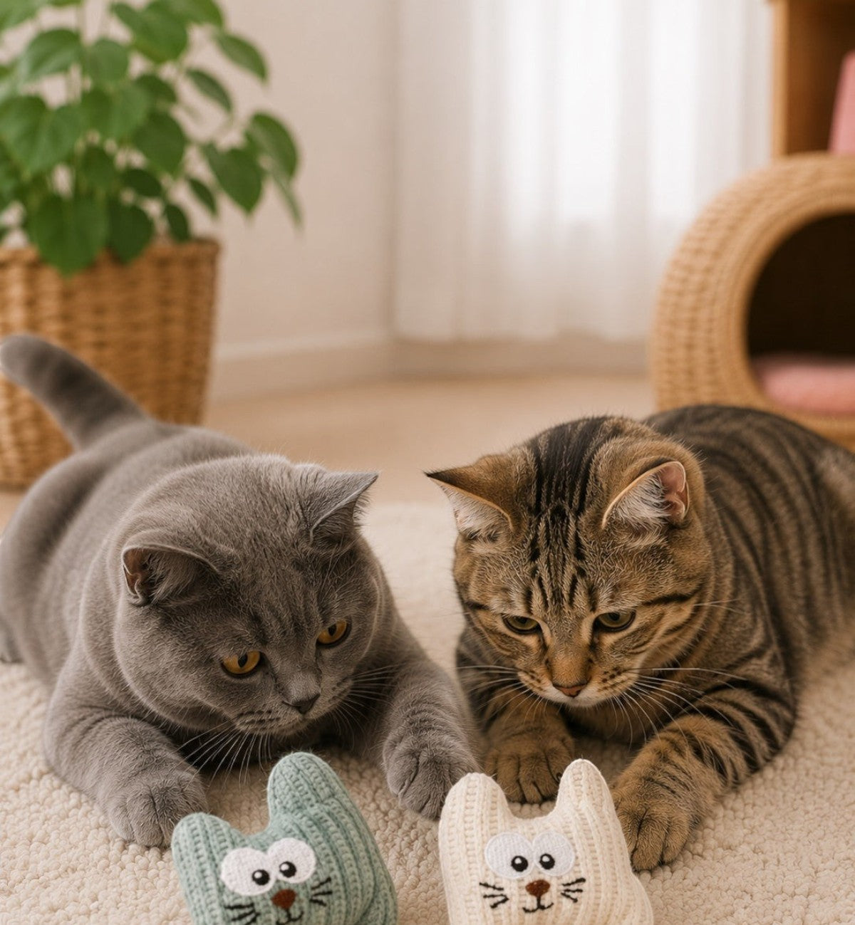 Lot de 2 jouets pour chat Animozen en forme de chat, en textile doux, avec cataire. Couleurs beige et vert d'eau.