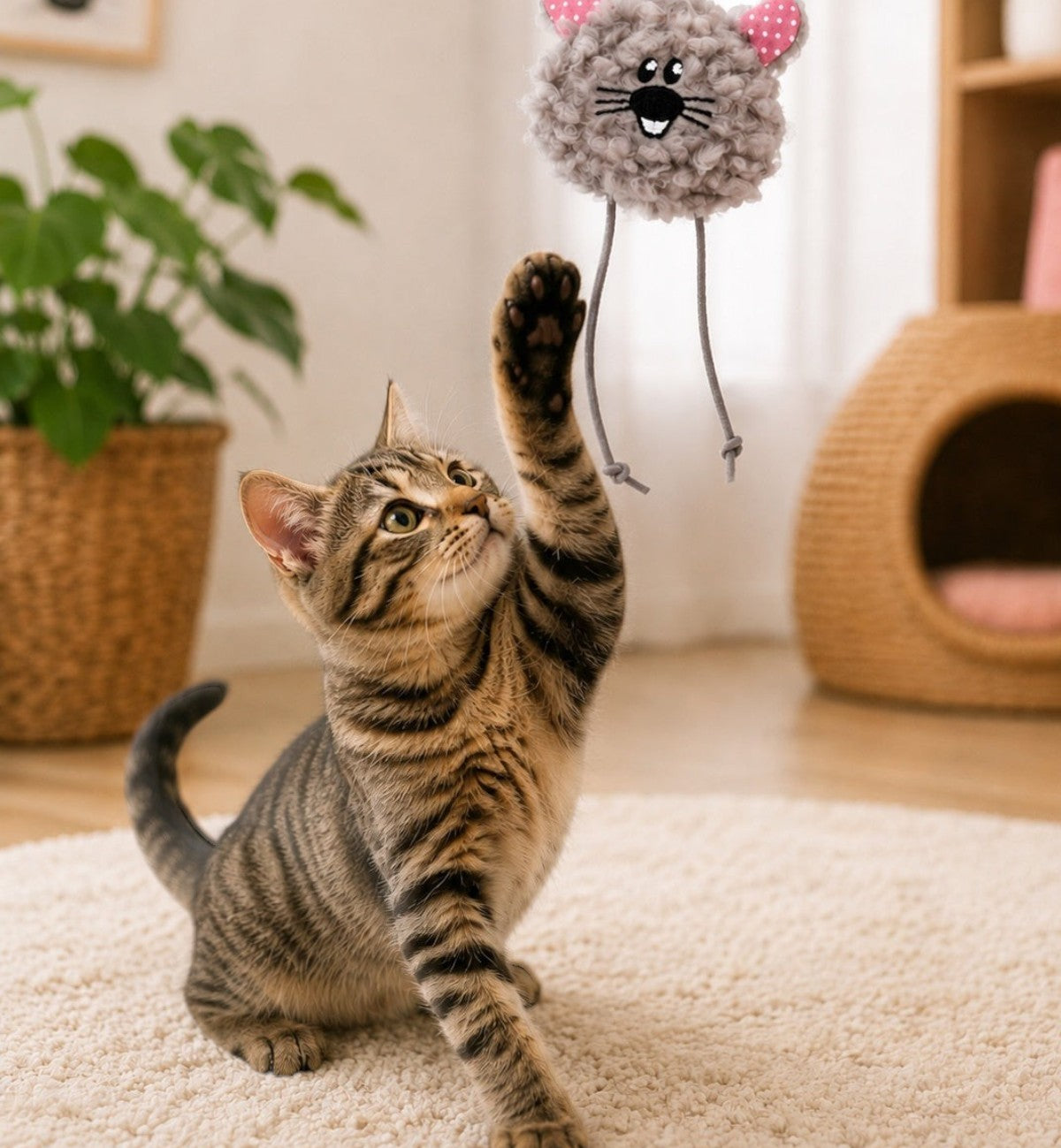 Jouet pour chat Gripi Animozen en peluche grise avec oreilles roses, rempli de cataire pour le jeu et les câlins.