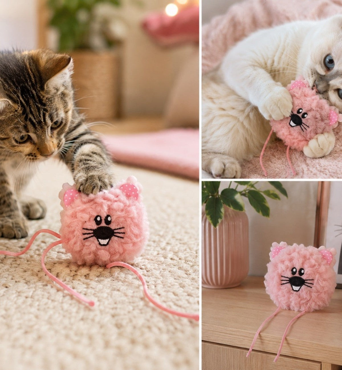Animozen Jouet Gripi peluche rose en forme de chat avec cataire, pour jeu et câlins