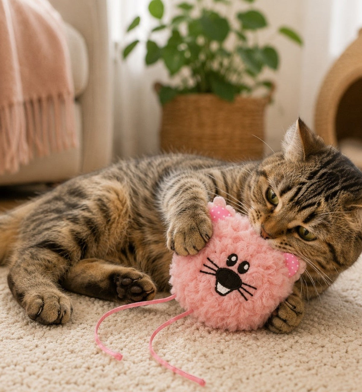 Animozen Jouet Gripi rose en peluche douce pour chat, avec cataire et rubans pour le jeu et les câlins.