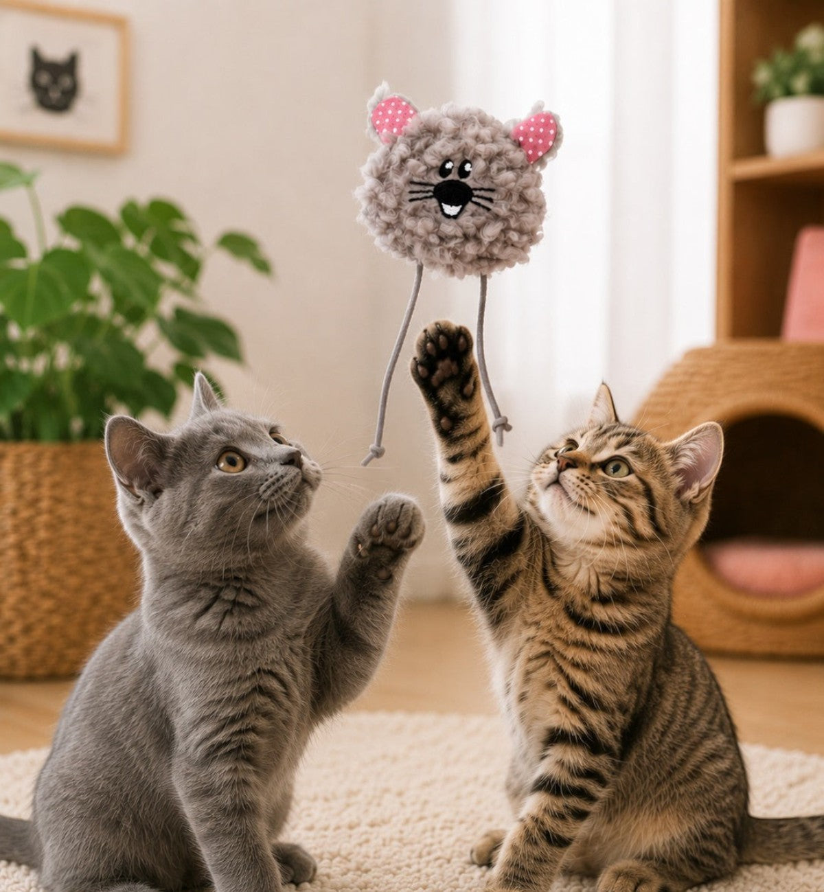 Animozen Jouet Gripi peluche douce grise en forme de souris pour chat, avec rubans et cataire.