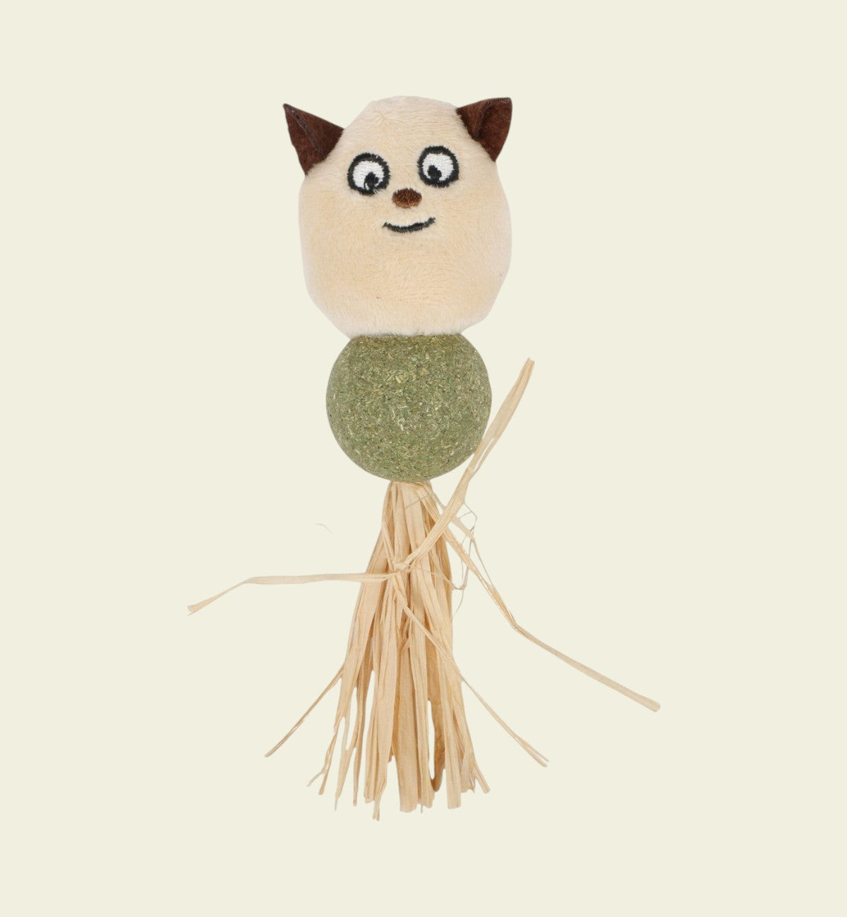 Jouet pour chat Animozen Katti en peluche beige avec balle de cataire verte et rubans, 6x3.8x16.5cm