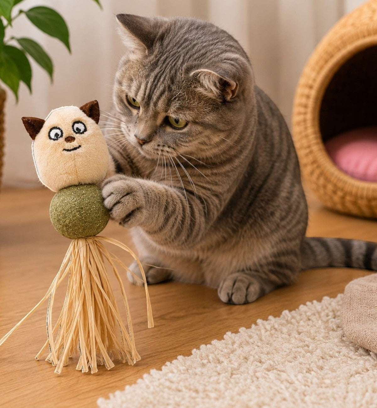 Jouet pour chat Katti Animozen en peluche beige avec balle de cataire verte et rubans, un chat gris joue avec.