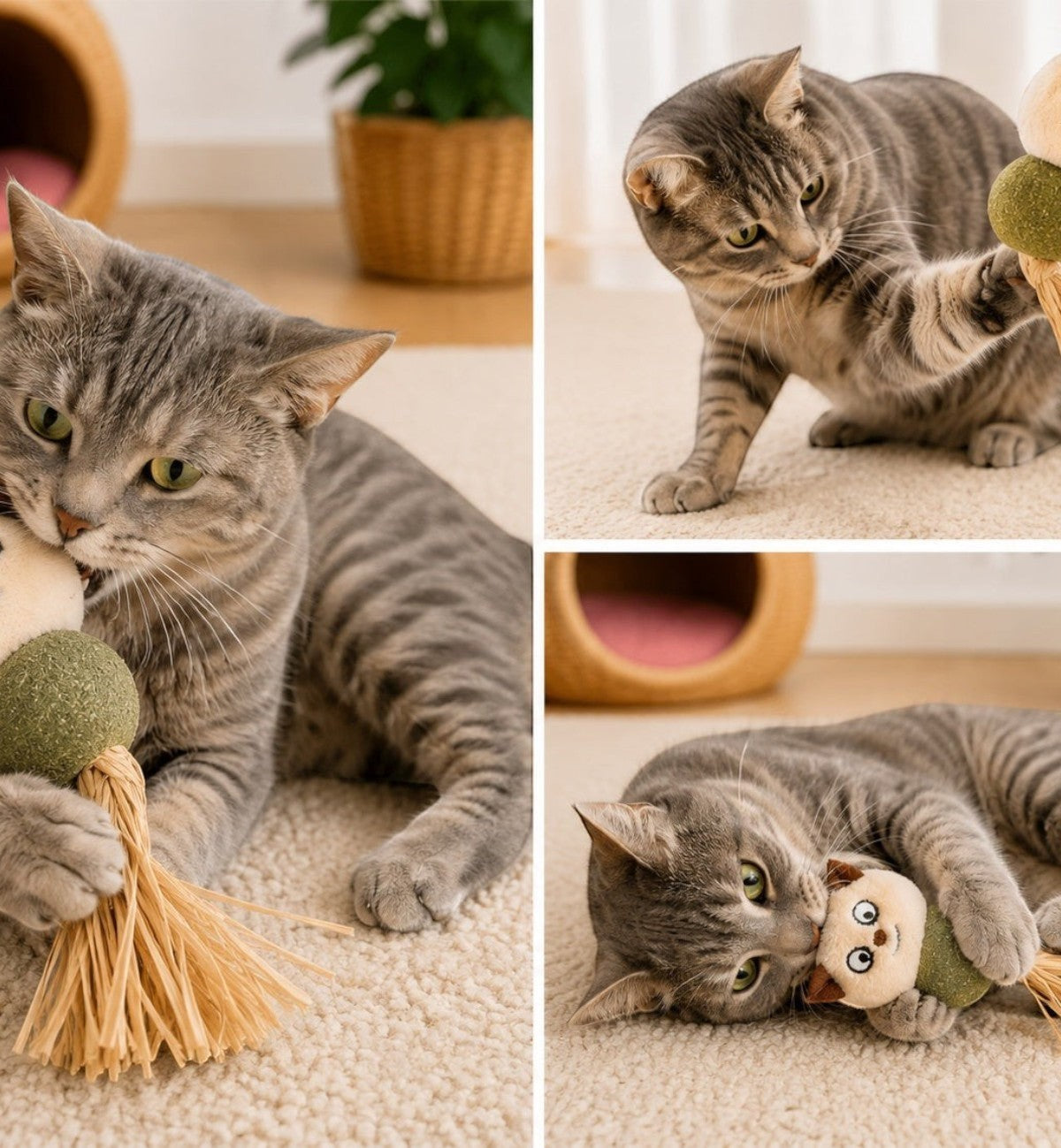 Animozen Jouet pour chat Katti en peluche beige, vert, brun, blanc et noir avec balle de cataire et rubans.