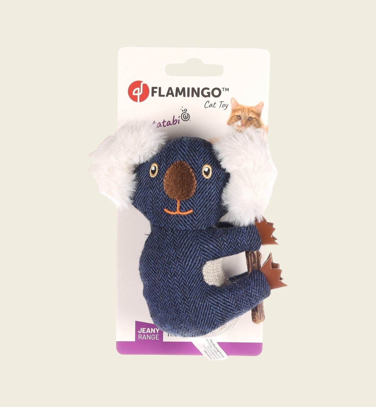 Jouet koala en peluche bleu foncé avec des détails blancs et marron, et un bâton de matatabi. Marque Animozen.