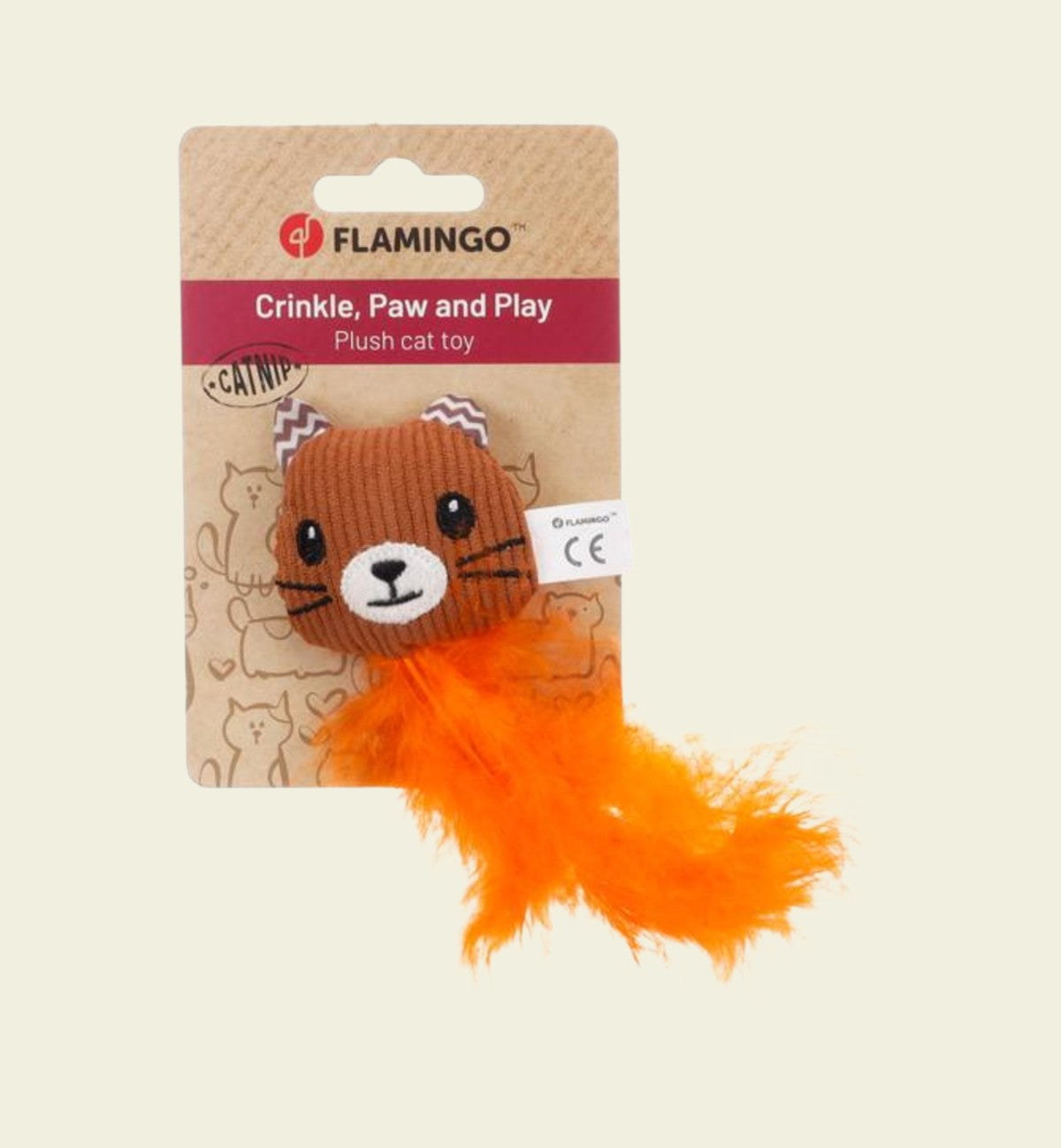 Jouet pour chat Animozen en peluche marron avec plumes orange, rempli de cataire et avec un matériau crépitant.