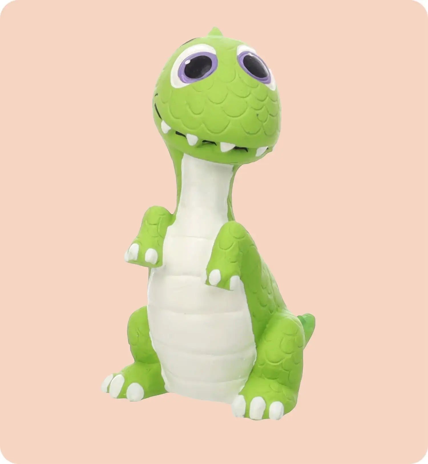 Animozen dinosaure en latex vert et blanc avec de grands yeux, couineur intégré, pour chien.