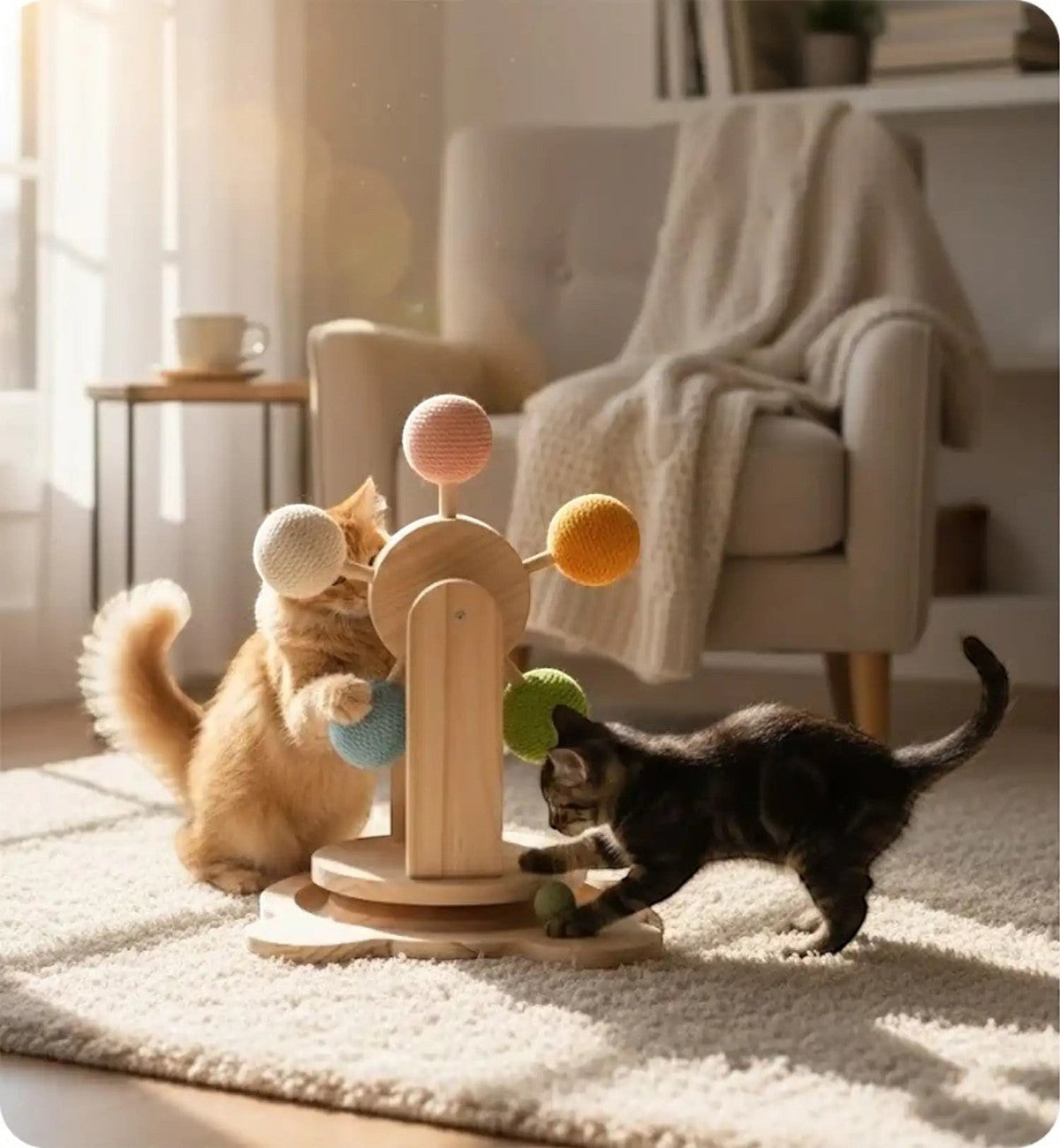 Animozen Jouet à griffer Chip en bois naturel avec circuit à balles et boules de cataire, pour chats.