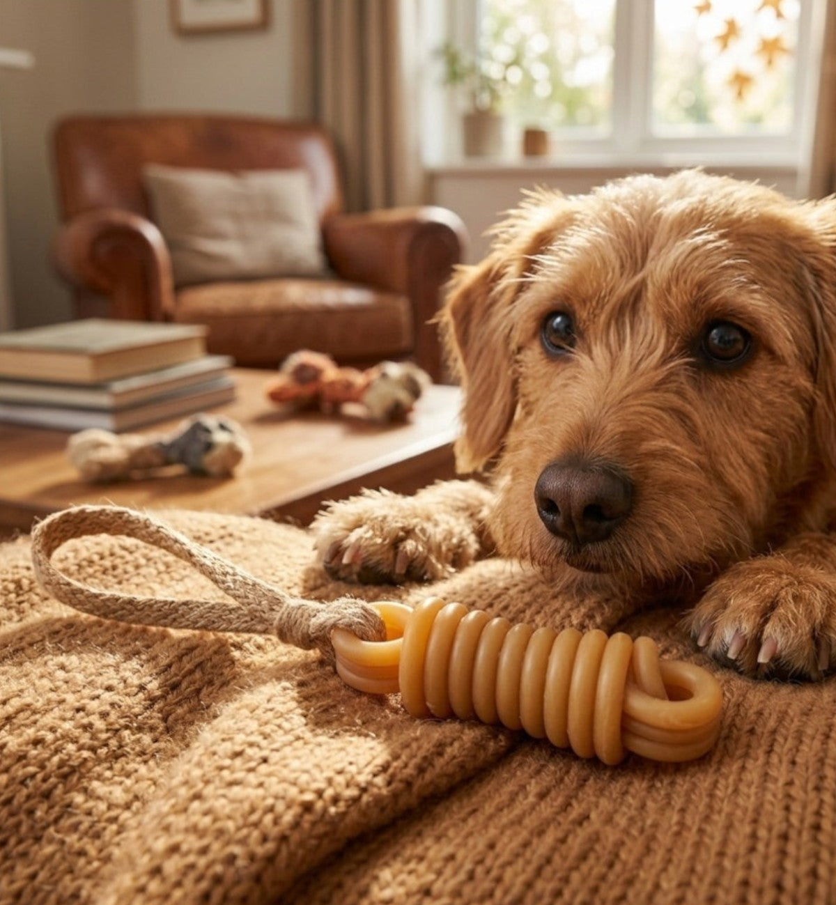 Animozen jouet Guma bâton avec corde en caoutchouc naturel brun pour chien, idéal chiots et seniors.