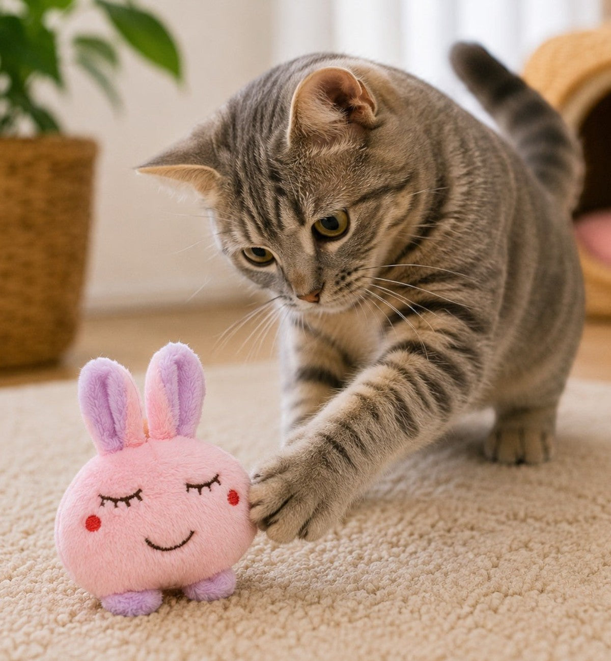 Animozen Jouet lapin rose en peluche avec cataire et grelot pour chat, 6,7 x 4,8 x 10 cm