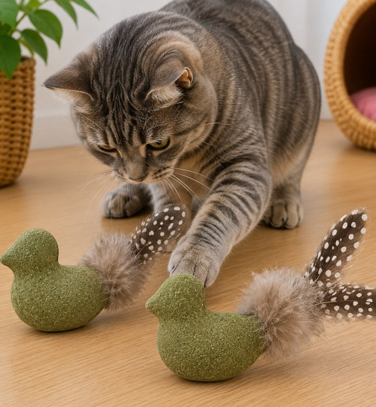 Animozen Jouet oiseau Katti en cataire verte avec plumes pour chat, léger et stimulant.