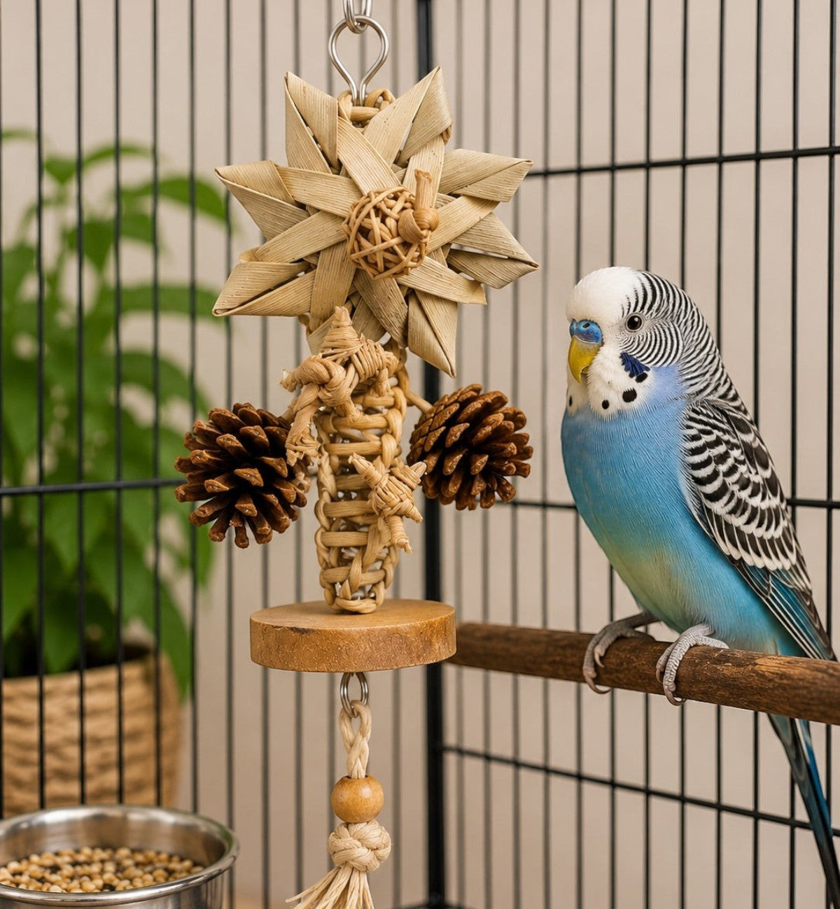 Animozen Jouet suspendu Elin pour oiseaux en rotin, bois, pommes de pin et feuilles de palmier. Stimule le jeu et le grignotage.