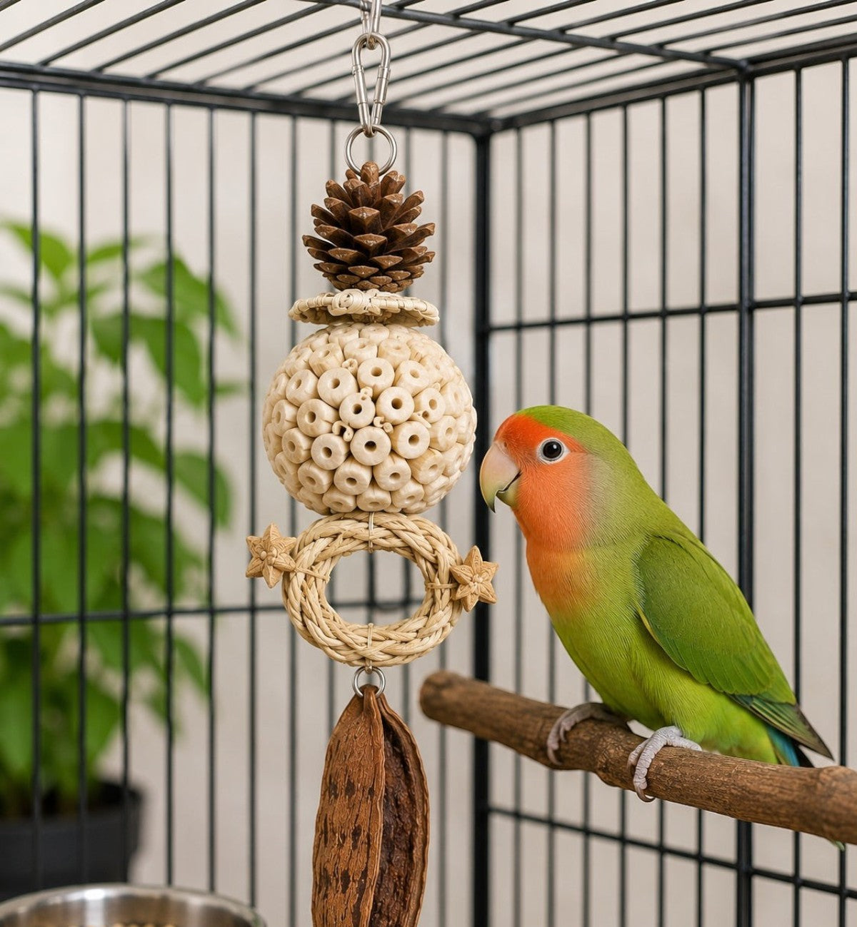 Animozen Jouet Bero naturel pour oiseaux : pomme de pin, balle en céréales, anneau en rotin et cosse d'acajou.
