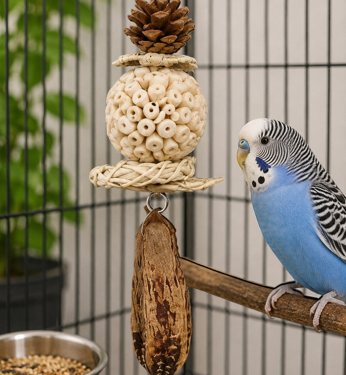 Jouet suspendu naturel Animozen Bero pour oiseaux, en bois de sola, rotin, pomme de pin et gousse d’acajou.