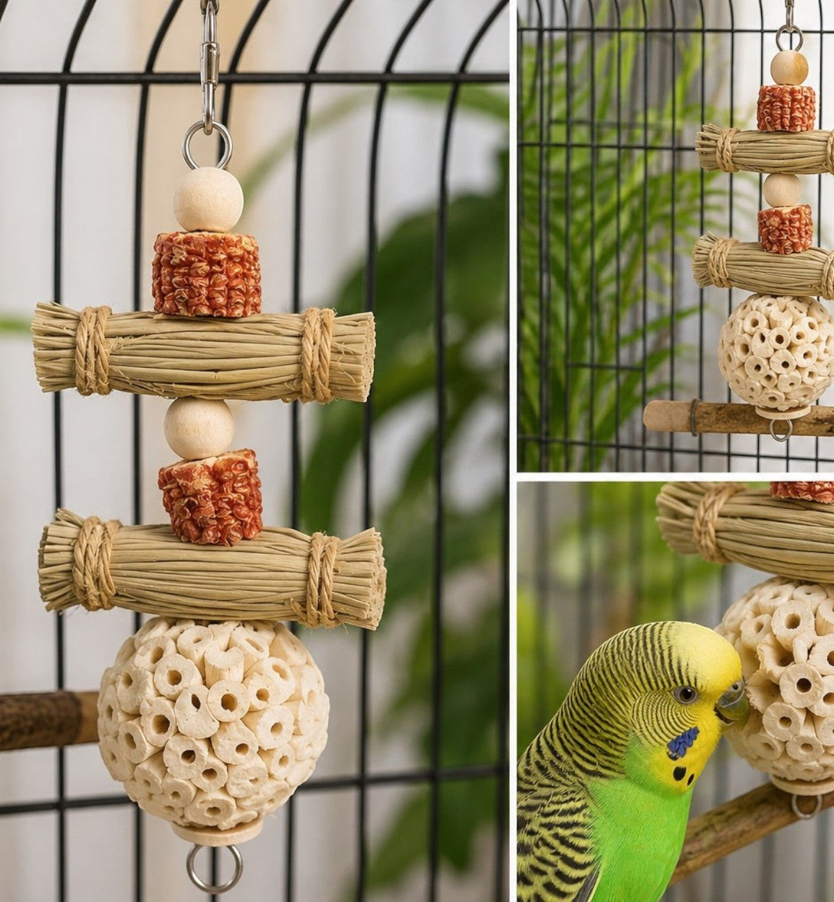 Jouet suspendu naturel Animozen Aba en bois, herbe et maïs pour oiseaux, avec balle décorative et perles.