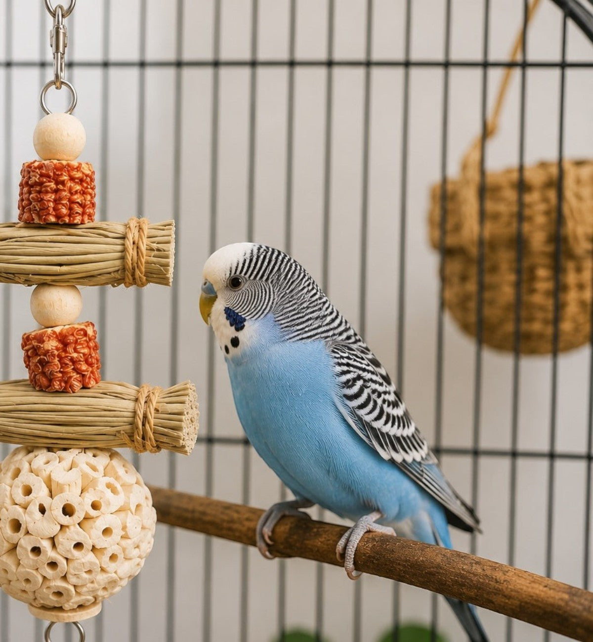 Animozen Jouet suspendu naturel pour oiseaux en bois de sola, herbe et maïs avec perles et balle décorative pour perruches.