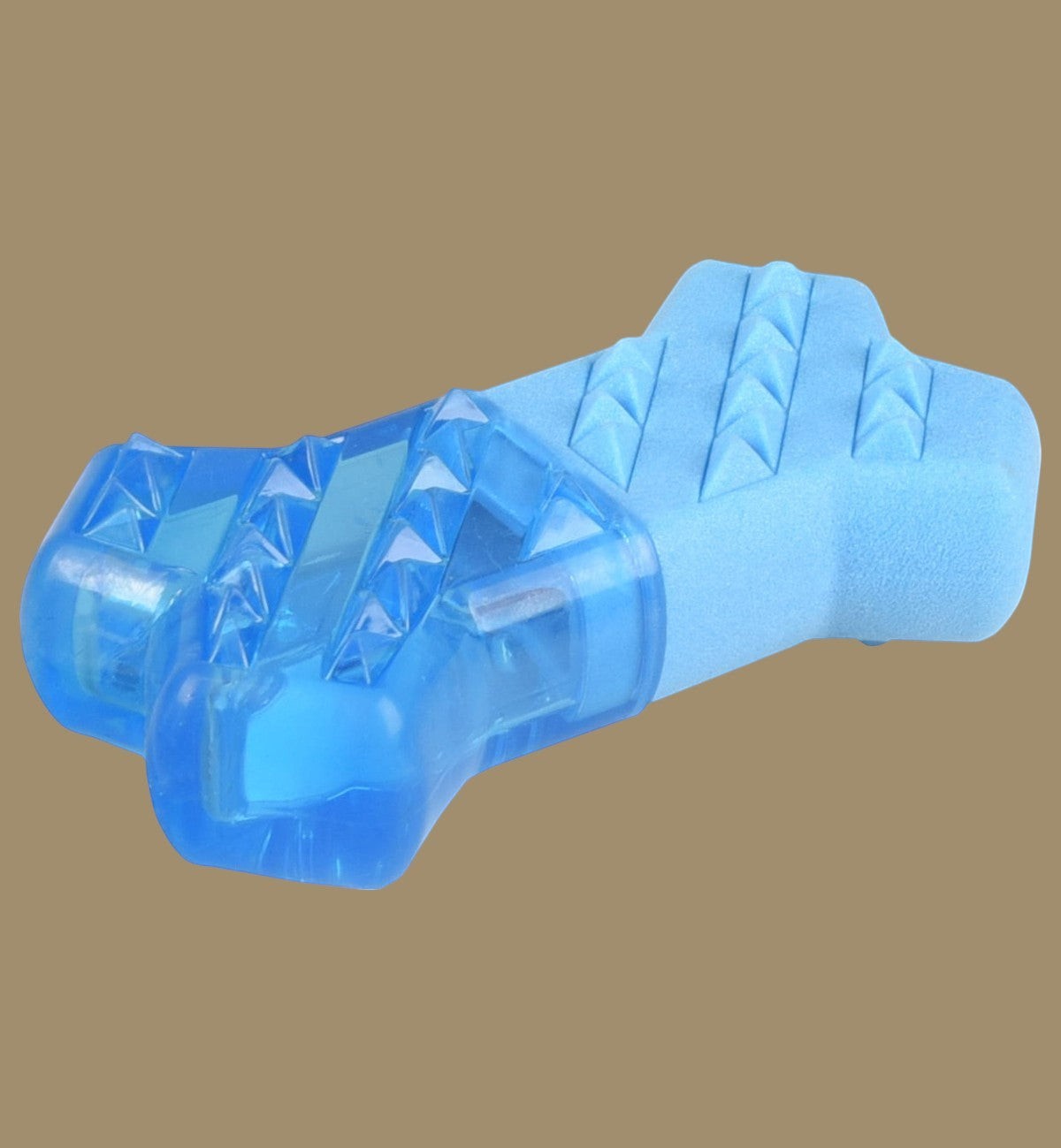 Animozen Jouet Snowy Os Glacé Bleu en caoutchouc TPR, forme d'os avec picots texturés pour l'hygiène dentaire.