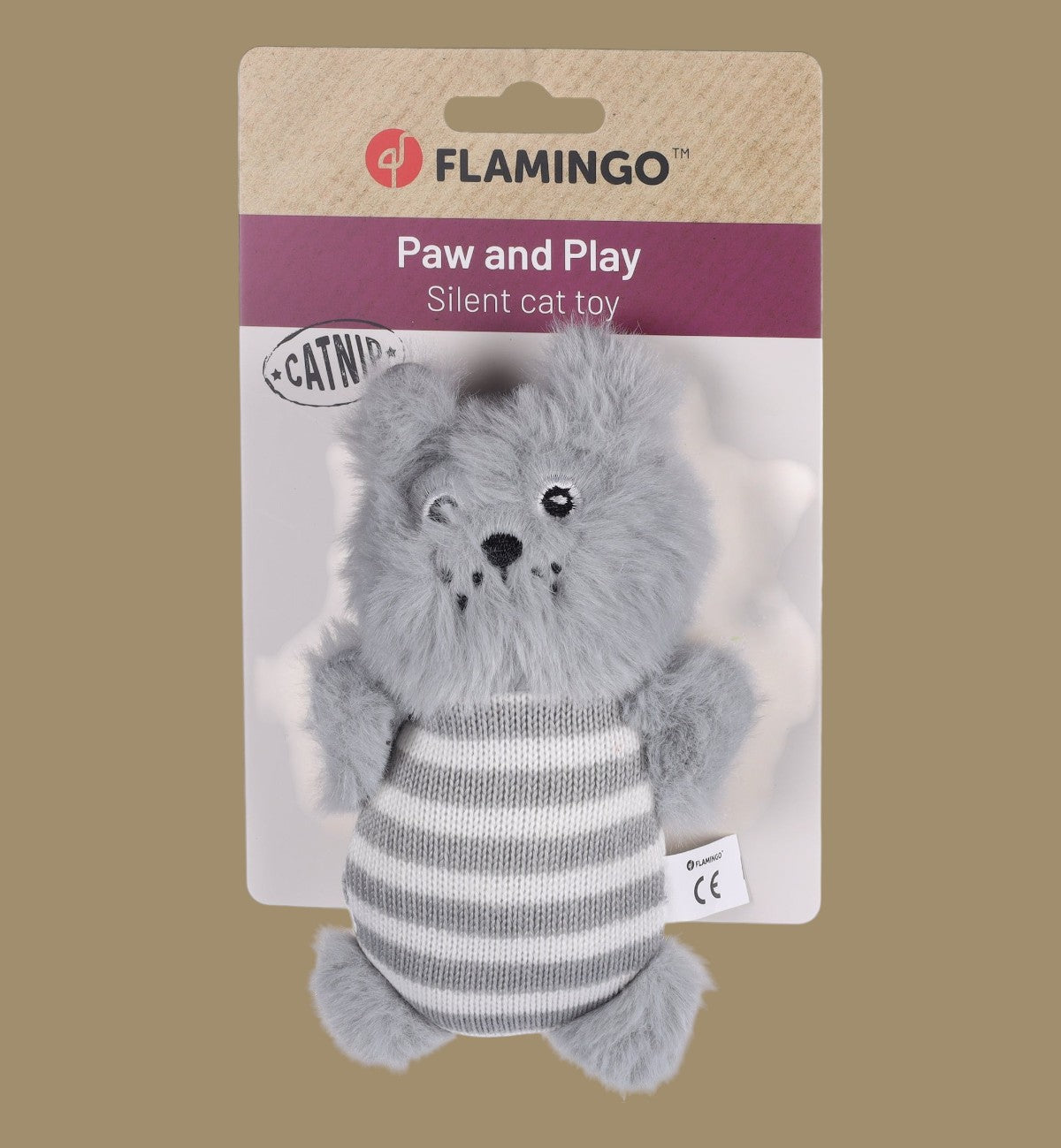 Animozen Jouet Faci Ours Rayé Gris à la Cataire, peluche grise et blanche rayée, pour chat