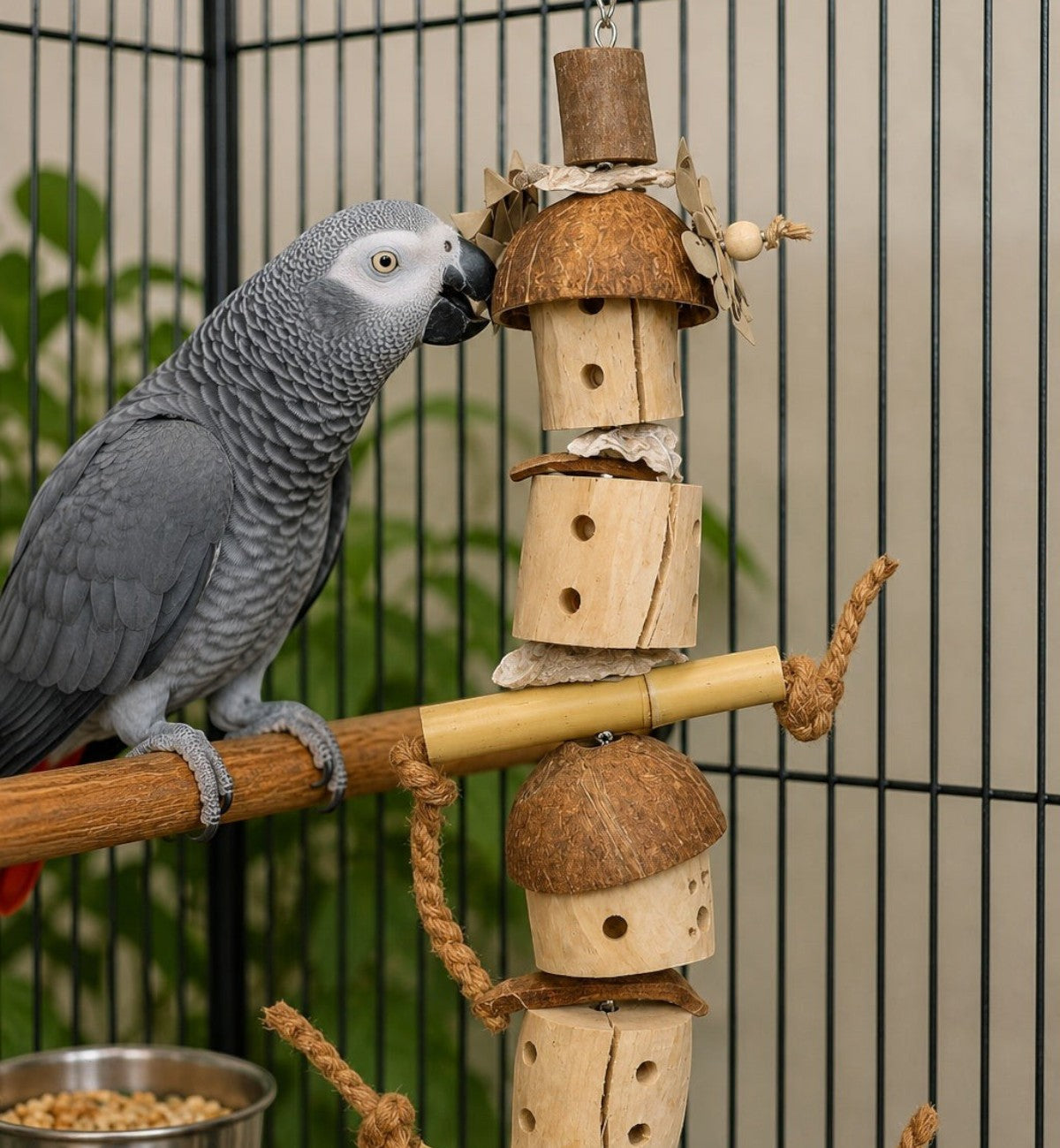 Jouet suspendu naturel Animozen Suva en bois, coco et pierre ponce pour perroquet, différentes textures pour bec et pattes.