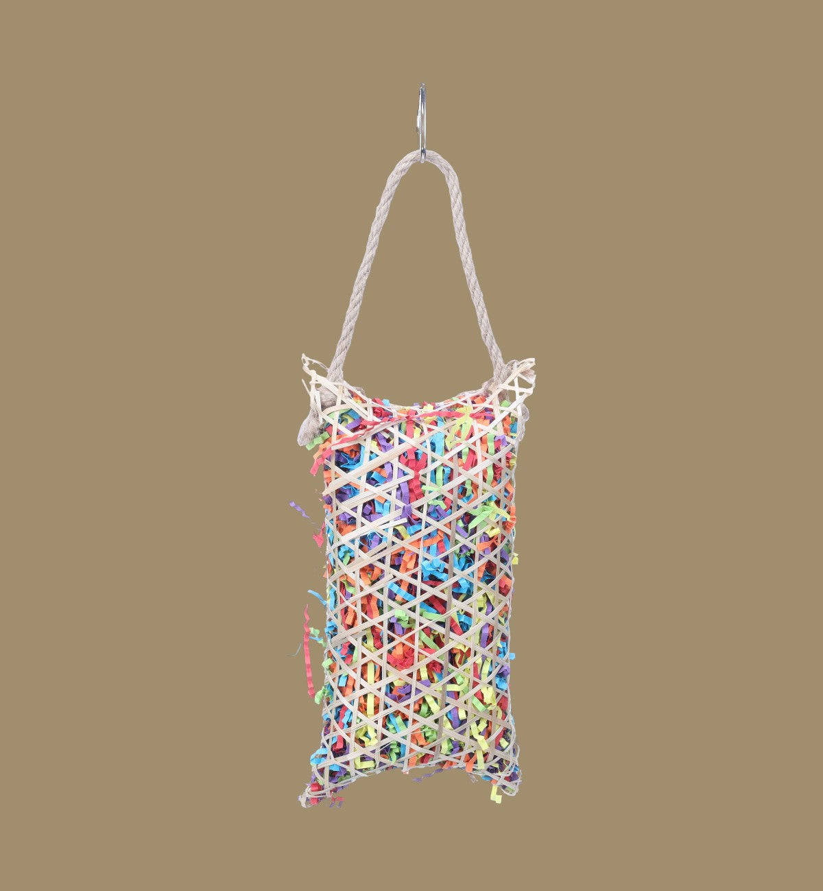 Jouet suspendu Animozen en bambou et sisal multicolore rempli de papier pour perruches