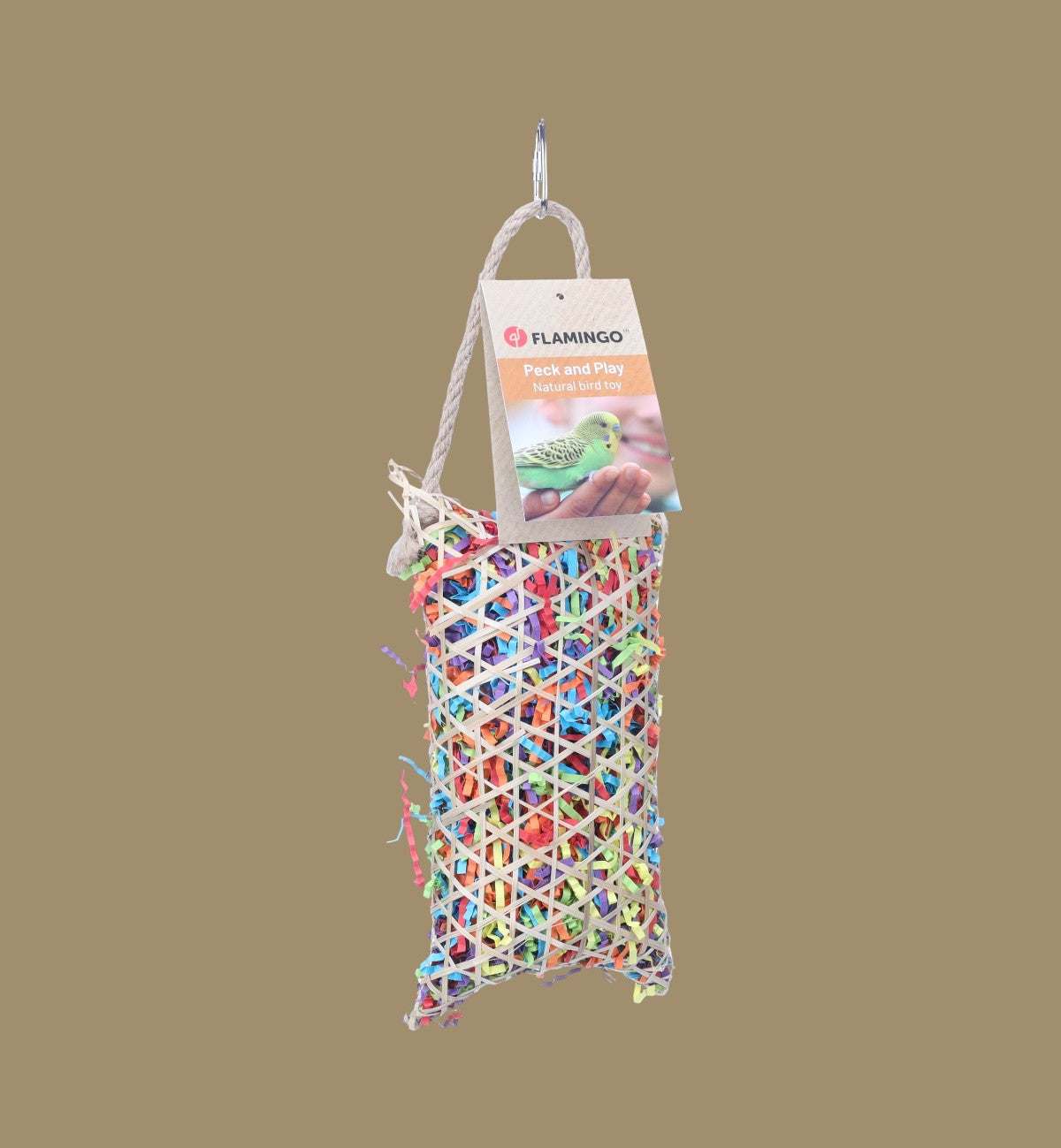 Animozen Jouet suspendu naturel pour perruches en bambou et sisal rempli de papier coloré pour le jeu et le grignotage.