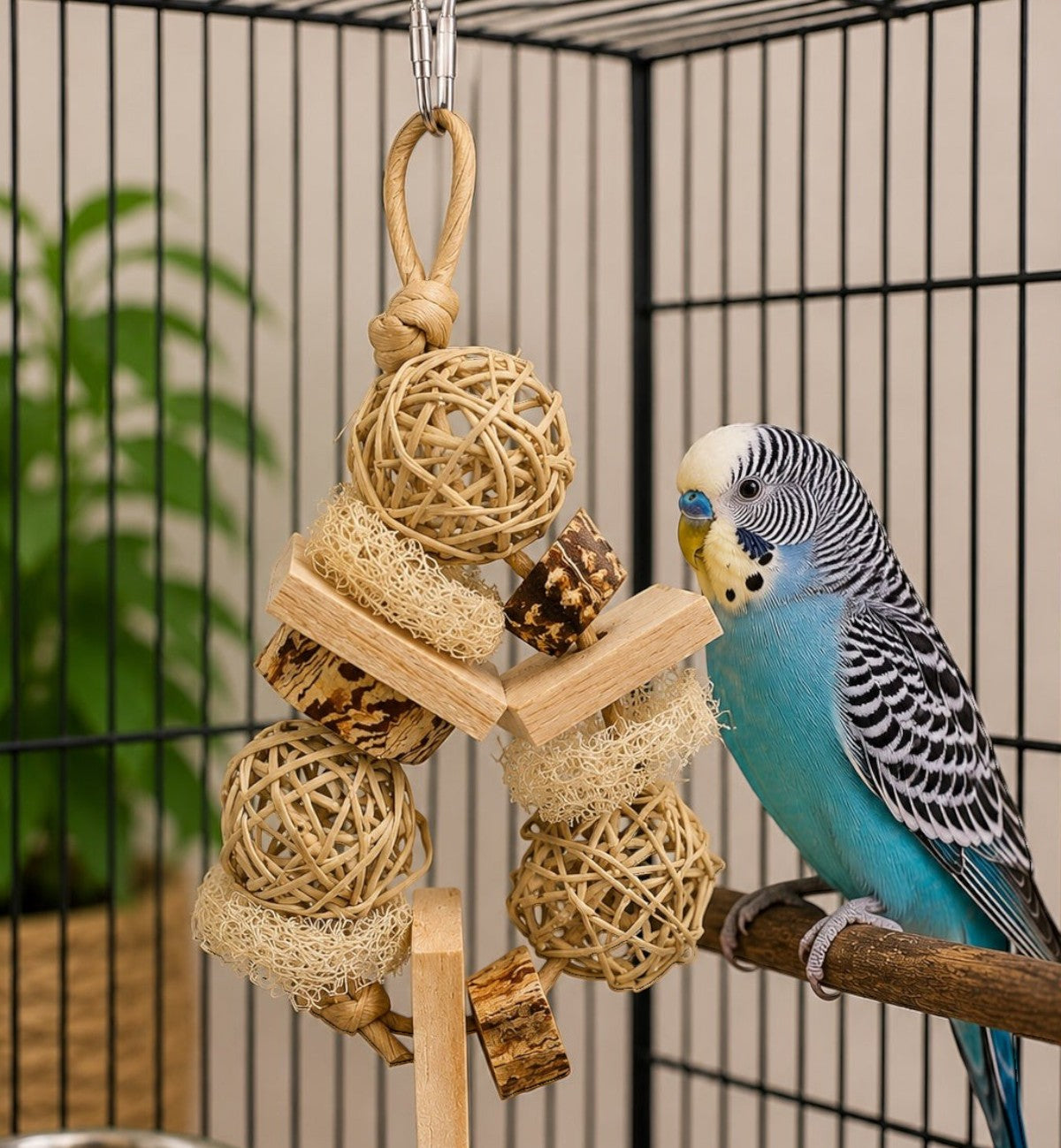 Jouet suspendu naturel Animozen pour perruches en luffa, bois et rotin, avec une perruche bleue assise à côté.