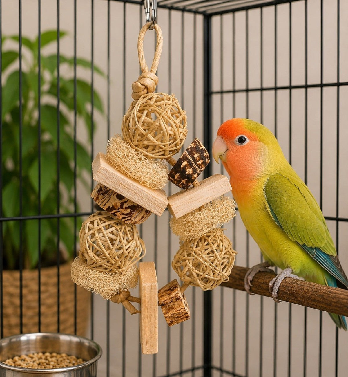 Jouet suspendu naturel Animozen pour perruches en luffa, bois et rotin, avec des éléments à mâcher.