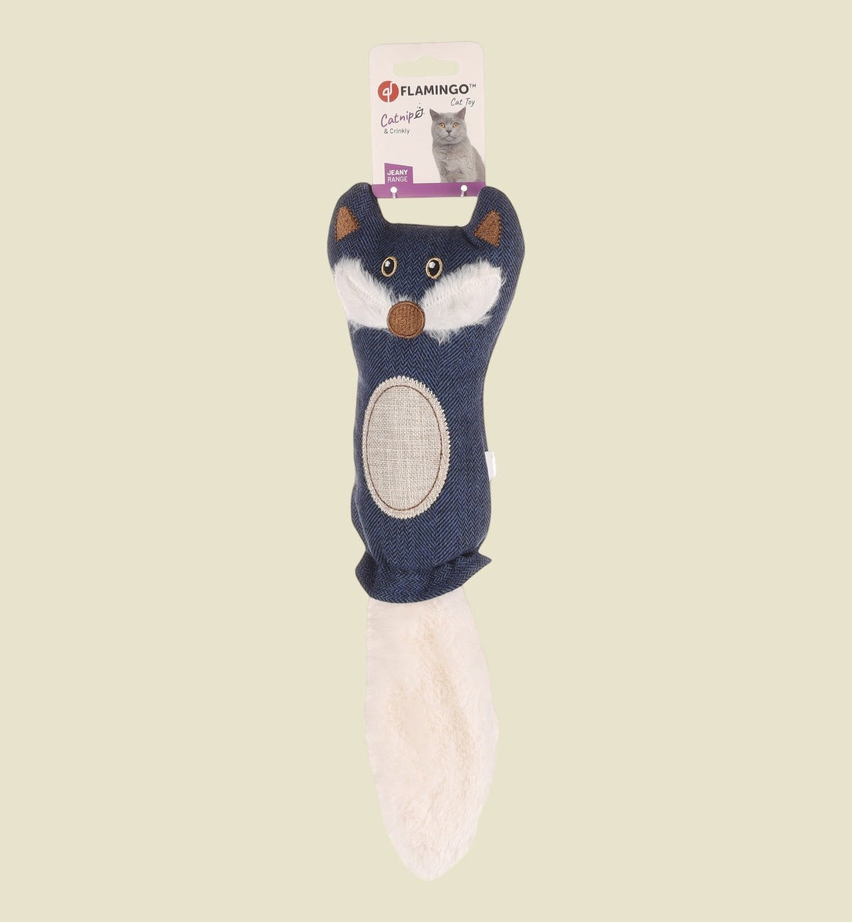 Jouet pour chat Animozen en forme de renard bleu foncé avec queue blanche en peluche, rempli de cataire et bruissant.