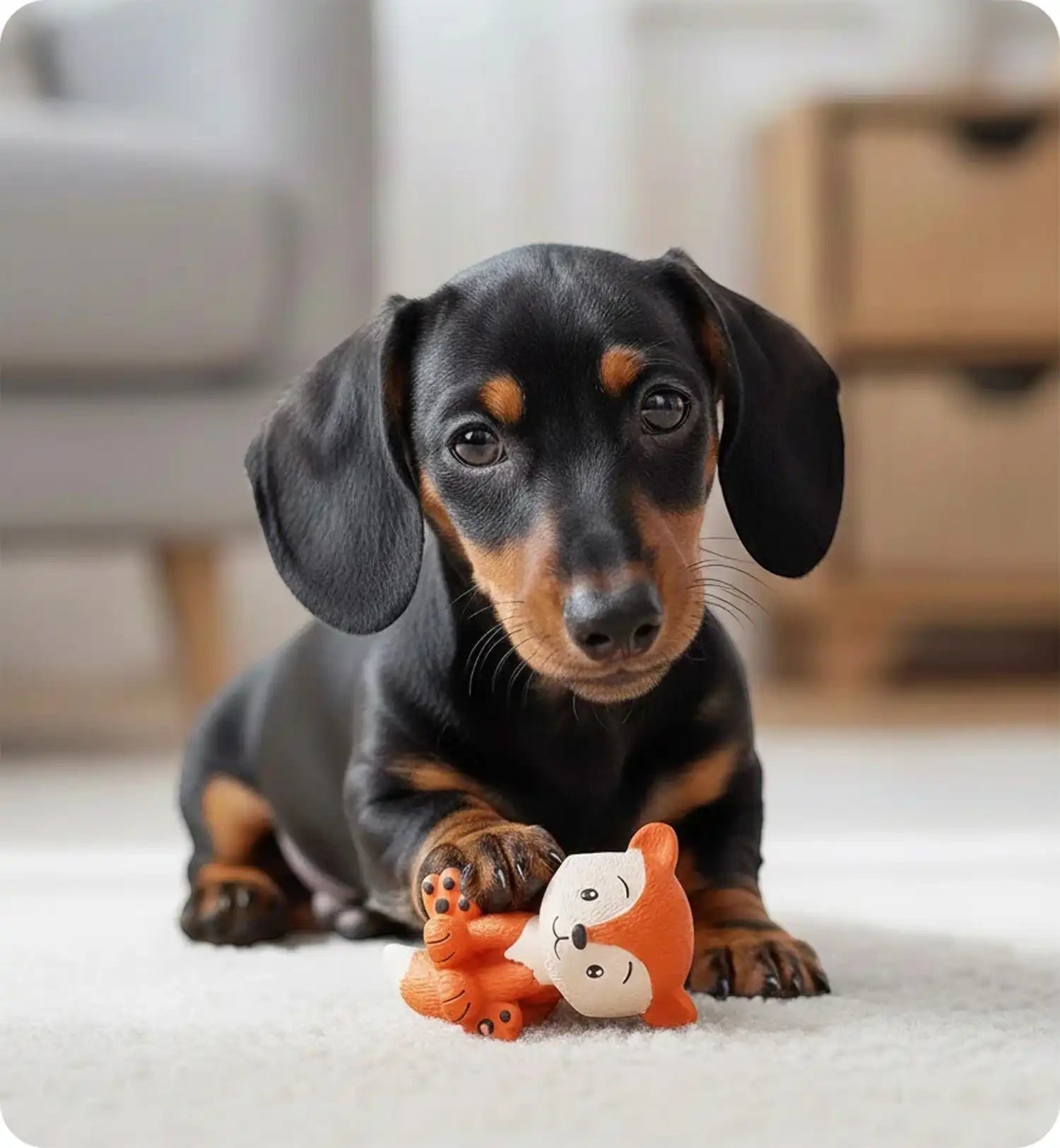 Animozen - Petit chien teckel noir et brun jouant avec un jouet renard couineur orange en latex.