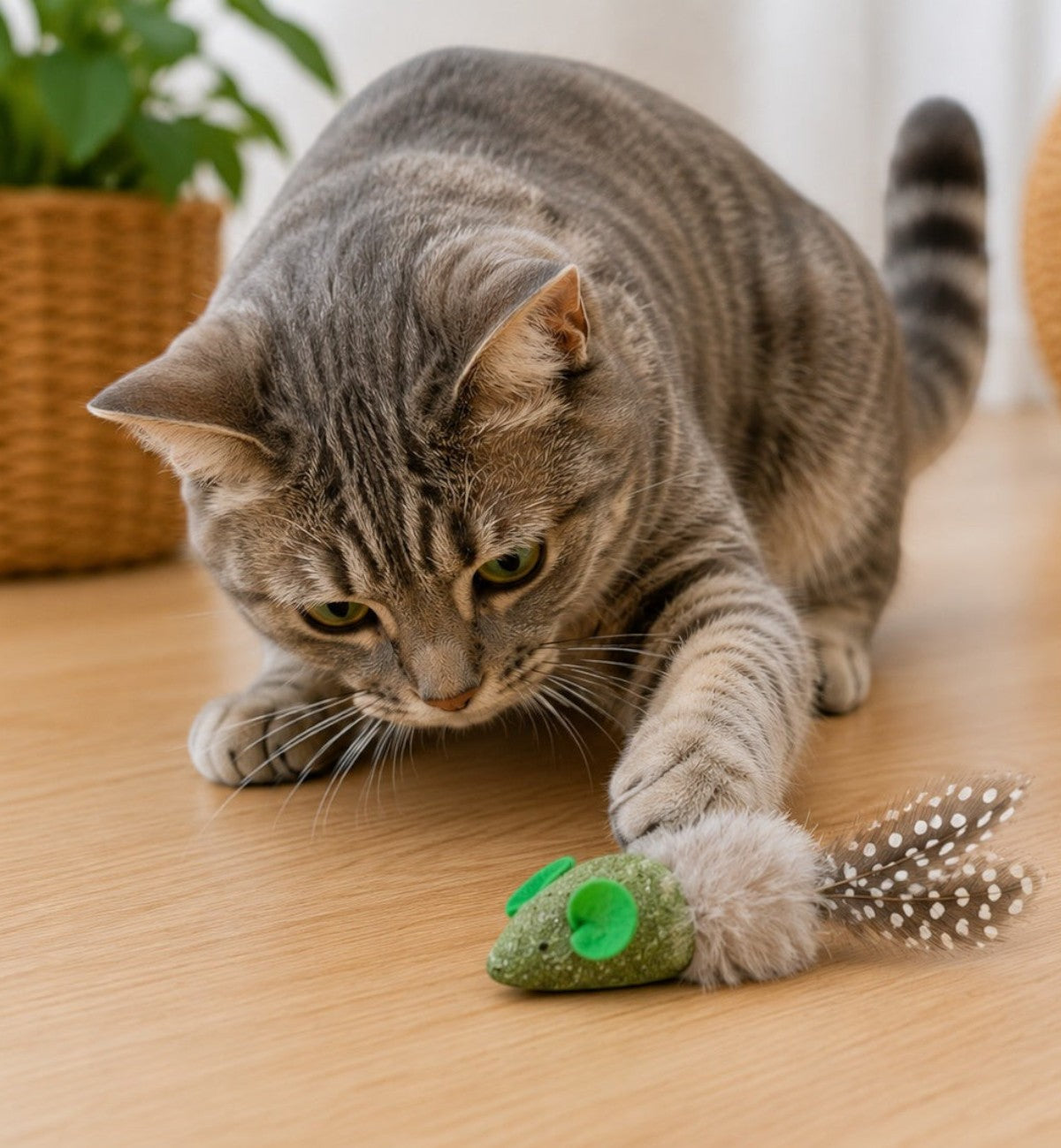 Animozen Jouet souris Katti en cataire avec plumes, vert et brun, pour chat
