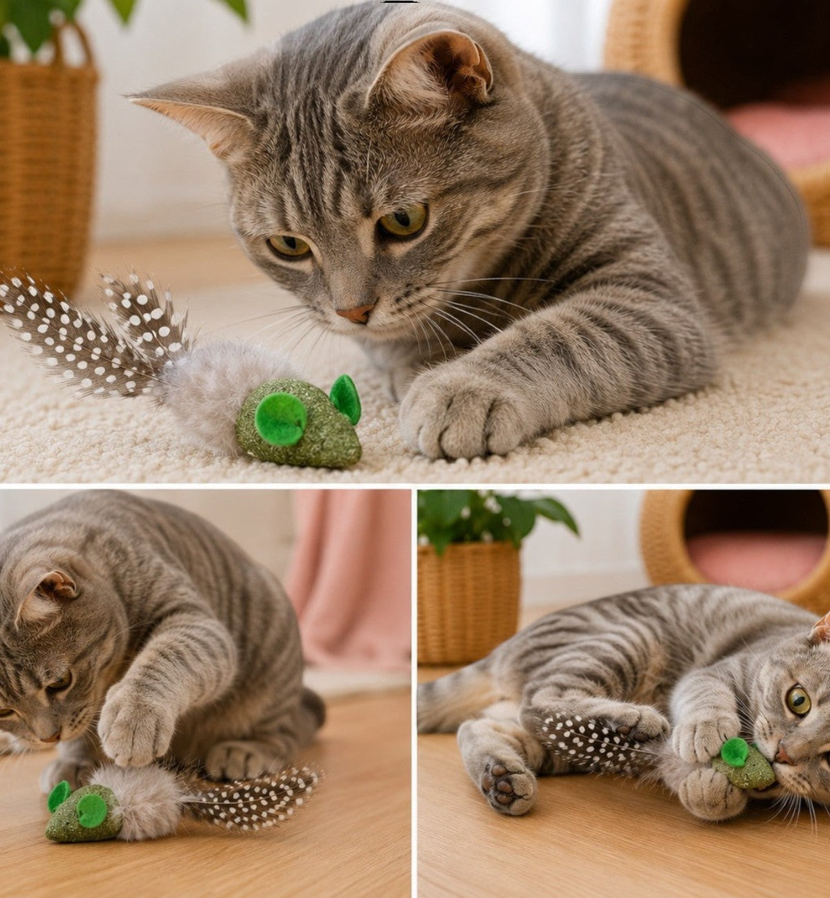 Animozen Jouet souris Katti en cataire avec plumes, vert et brun, pour chat. Stimule l'instinct de chasse.