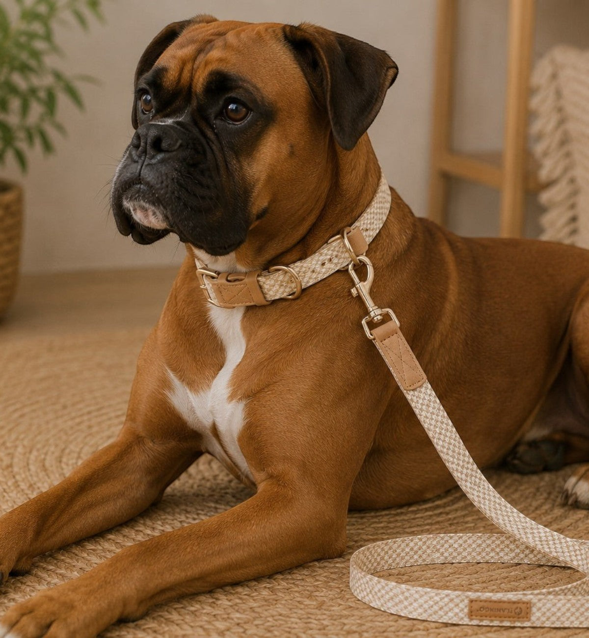 Laisse pour chien Animozen beige en coton tressé et similicuir, 130 cm, avec finitions dorées et mousqueton robuste.