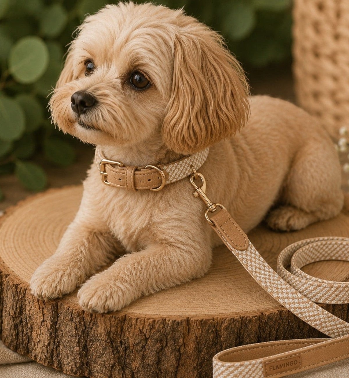 Laisse pour chien Animozen beige en coton tressé et similicuir avec finitions dorées, 130 cm.