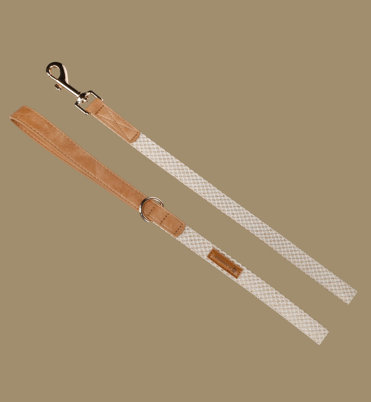 Animozen laisse pour chien beige en coton tressé et similicuir avec finitions dorées, 130 cm.