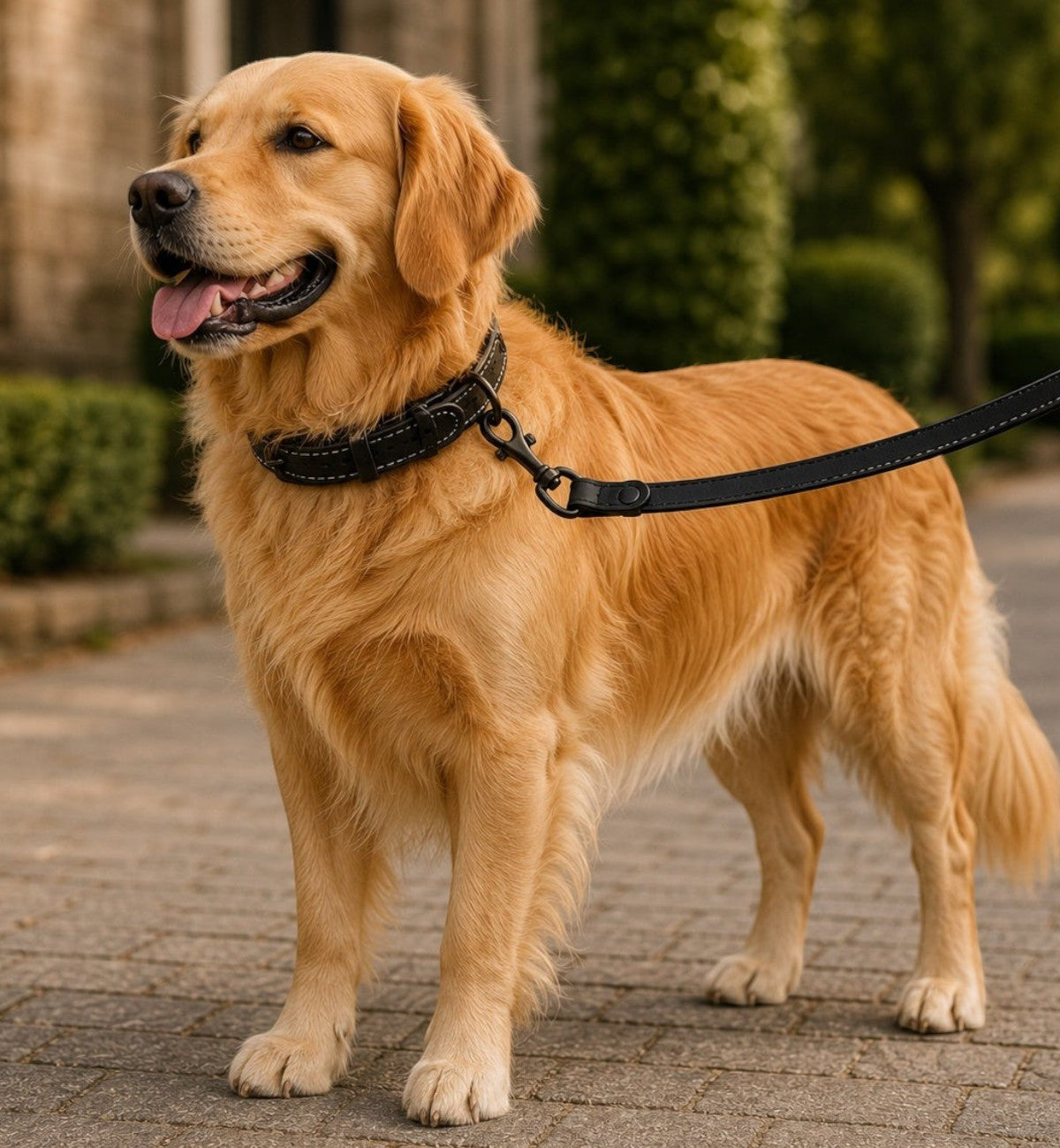 Laisse d'entraînement Animozen en cuir noir réglable pour chien, avec mousquetons noirs brillants.