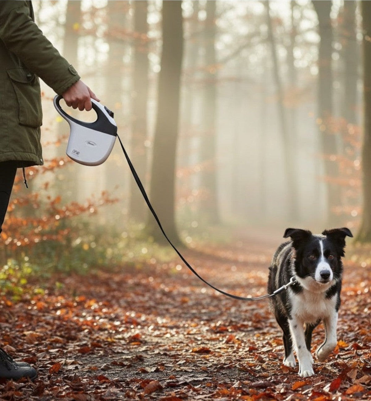 Animozen laisse à enrouleur Flexi Sangle blanc et noir, 5m, pour chiens de petites et moyennes races jusqu'à 30kg.