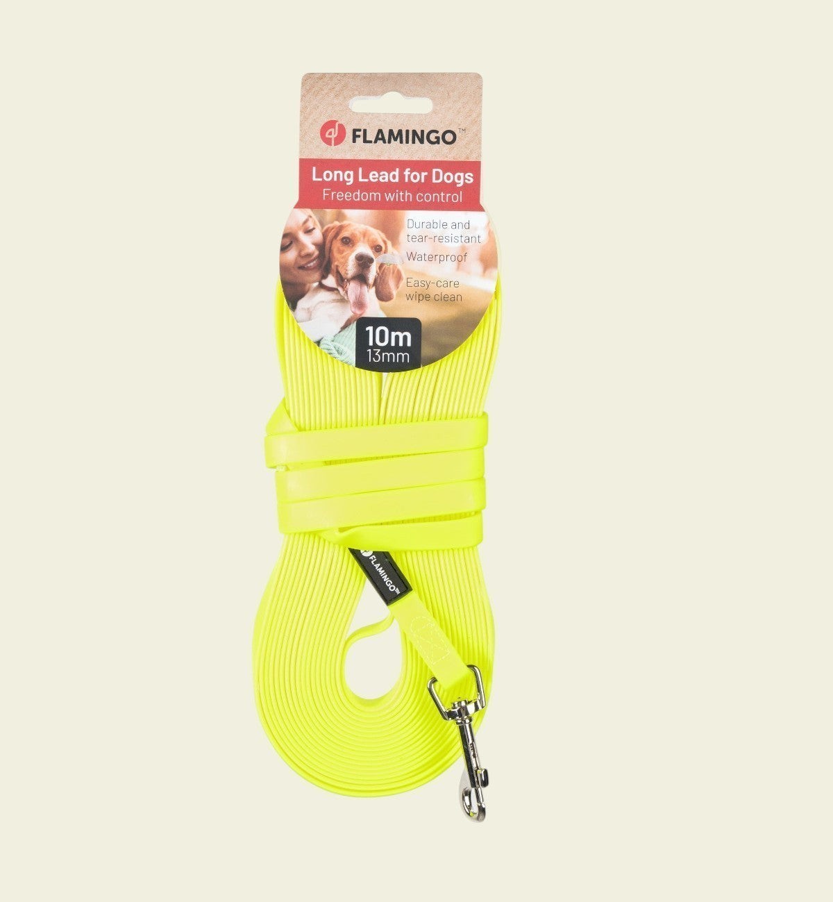 Laisse d'entraînement et de pistage Caspar Animozen jaune fluo en biothane, 10m de long, résistante à l'eau et facile à nettoyer.