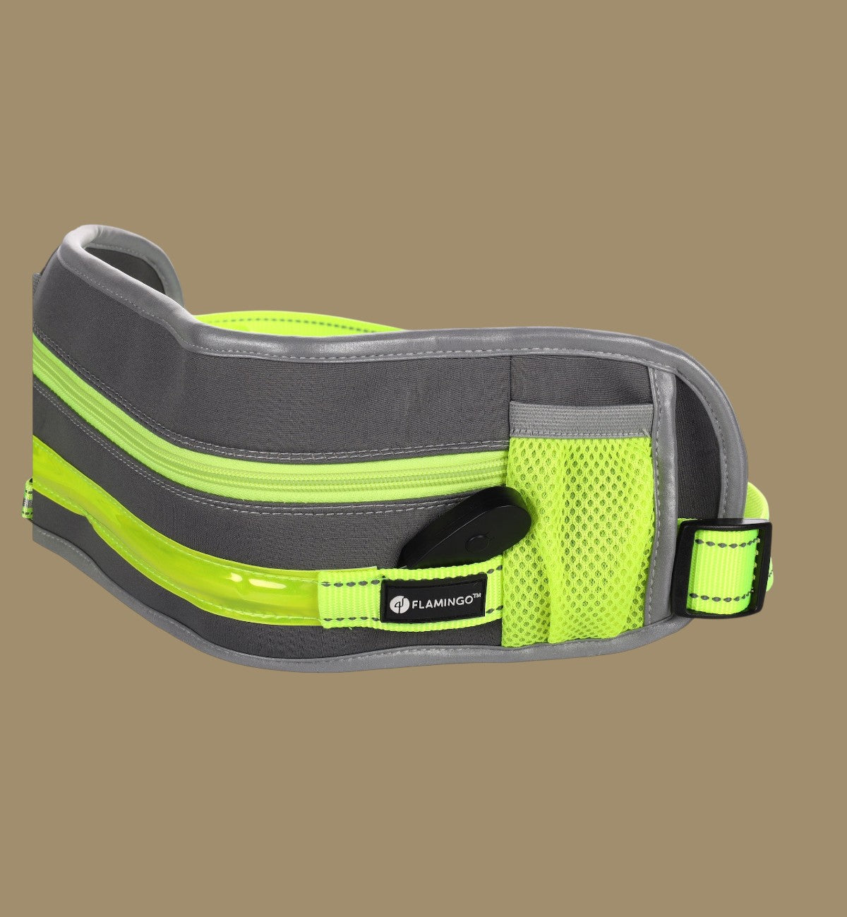 Ceinture de jogging Animozen mains libres grise et jaune fluo avec poches et LED pour chien