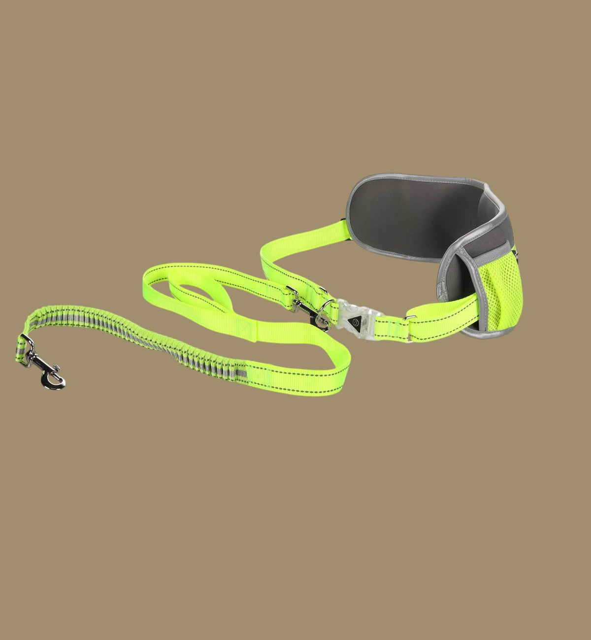 Laisse de jogging Animozen mains libres jaune fluo avec ceinture de hanches, poches et LED intégrée pour chien.